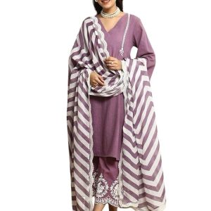 Elegant Mauve Chevron Print Kurta Set with Dupatta